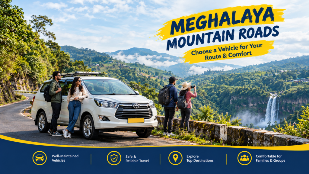 Tourist car on mountain roads in Meghalaya