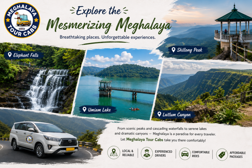 Shillong sightseeing taxi visiting popular tourist attractions