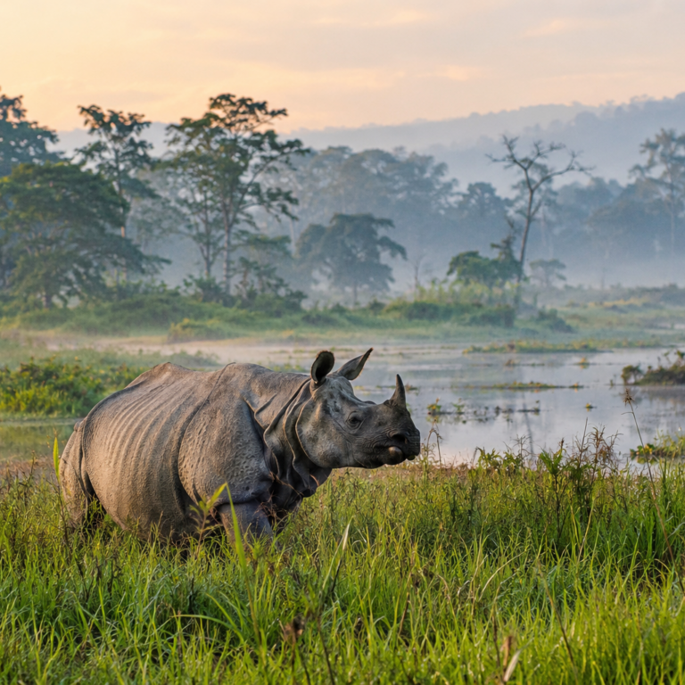 Kaziranga National Park in Assam with one horned rhinoceros