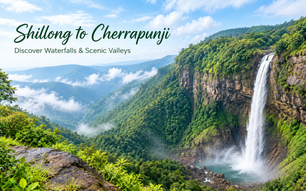 Shillong to Cherrapunji tourist car trip featuring Nohkalikai Falls in Meghalaya